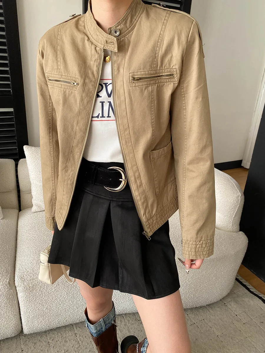 

Spring women's casual solid color distressed stand up collar workwear jacket short jacket