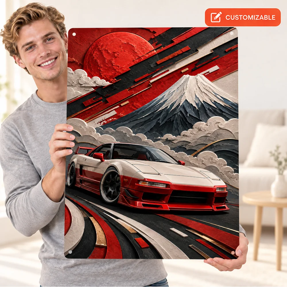 Japanese NSX With Mount Fuji Car Aluminum Poster Personalized Metal Sign Ukiyo E Style Wall Art For Man Cave Motoring Fan Gift