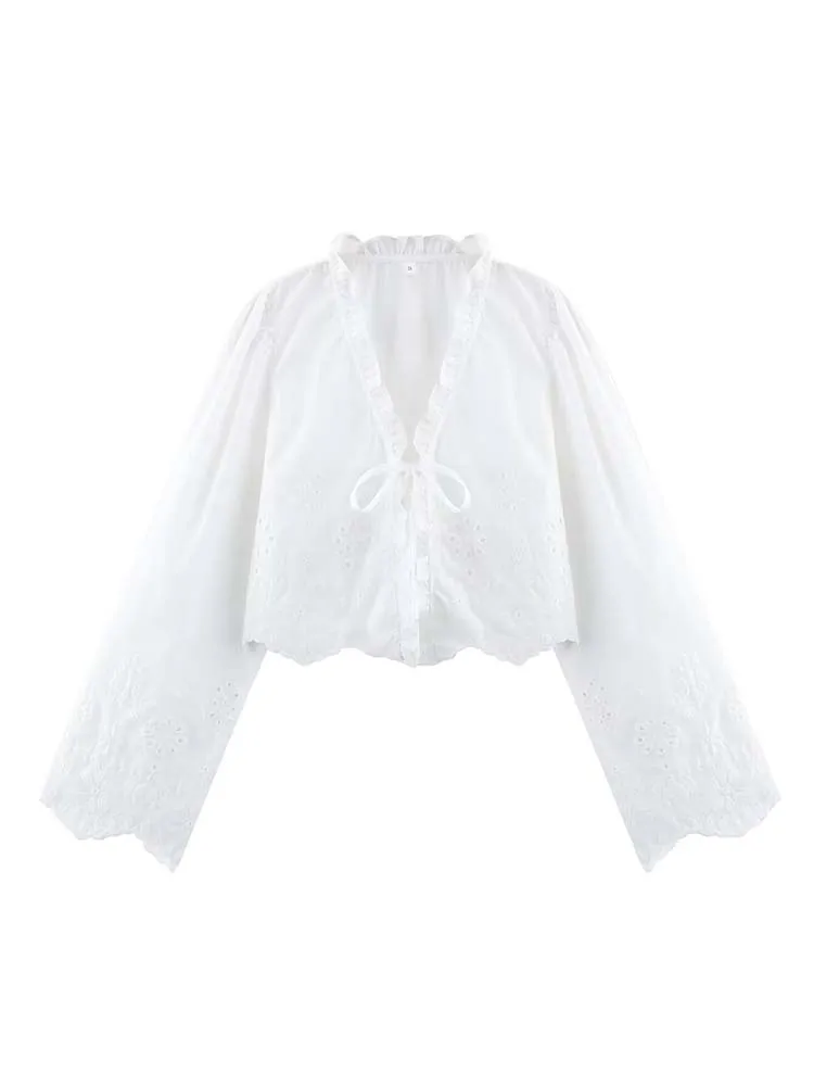 Camicie estive da donna Camicette Top 2025 Ricamo floreale vintage con coulisse Fiocco femminile Elegante top da strada