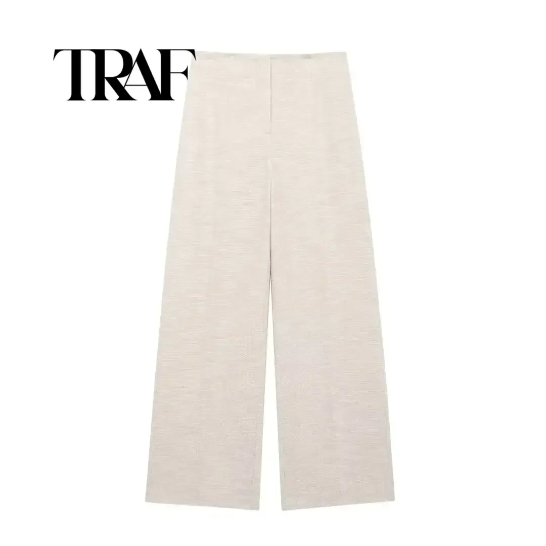 TRAF Women Chic Fashion High Waist Wide Leg Pants With Buttons Side Pockets Female Trousers Women