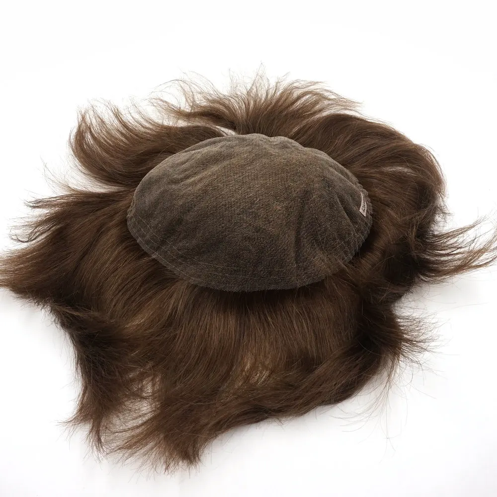 قطعة شعر بشري بنية اللون باللون الأحمر مقاس 7 × 9 بوصة، نظام شعر بشري بدانتيل سويسري كامل #3