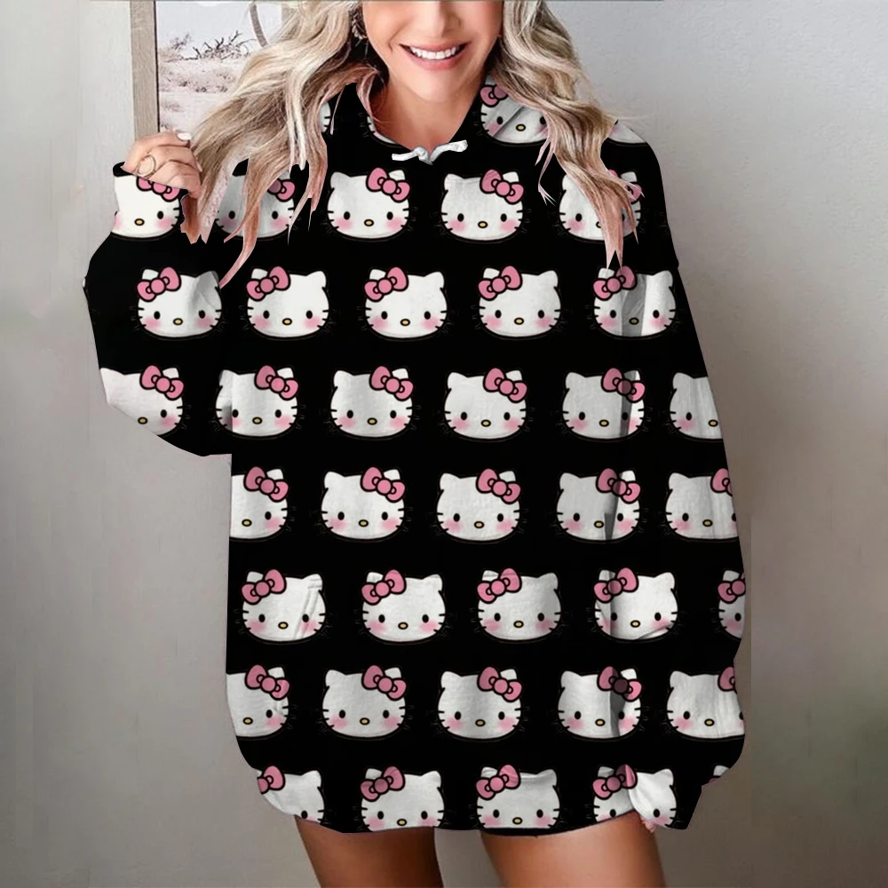 2024 New Fashion Hello Kitty Printed Couple Loose Hooded Sweater Winter Kawaii Fall 2024 Women Anime Hoodie