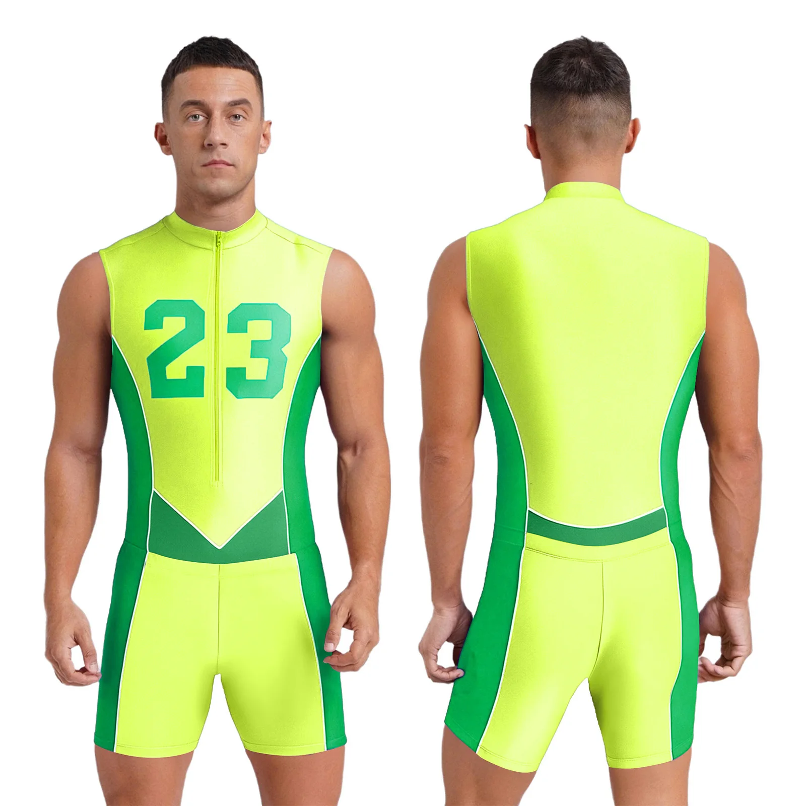 

Mens 2 Piece Swimsuit Sleeveless Front Zipper Leotard with Shorts Color Block Sports Outfit for Cycling Running Workout Exercise