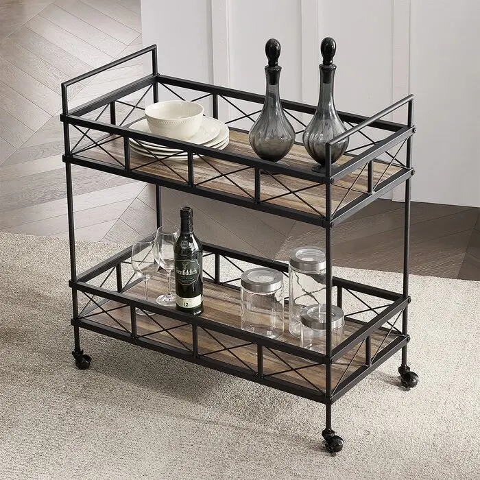 Modern Design Black Metal Bar Cart 3-Tier Wooden Serving Cart Trolley for Home