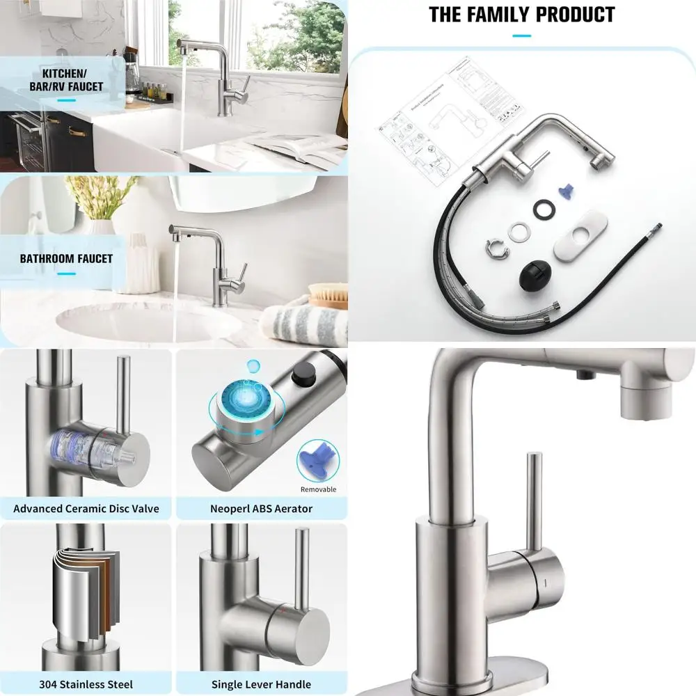 

Single Handle Pull-Out Spray Kitchen Faucet, 3-Hole Farmhouse Style, Brushed Nickel Finish for Utility & Outdoor Laundry