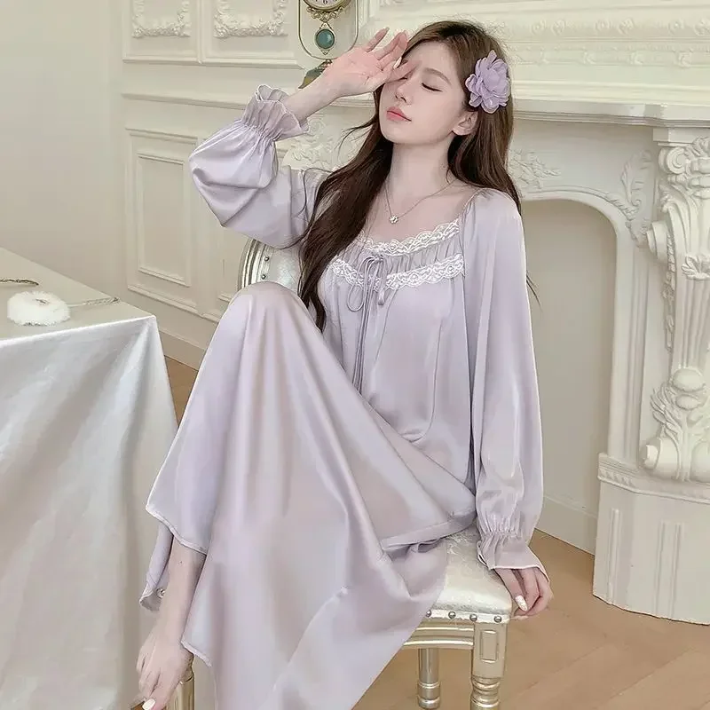 2026 Autumn Long Sleeve Sexy Lace Ice Silk Satin Nightgowns for Women Korean Cute Sleepwear Night Dress Nightdress Home Nighty 5