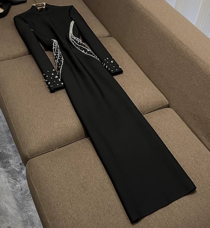 New Arrival Lady Luxury Rhinestone Beaded O-neck Long Sleeve Wear Slim Fit Knits Solid Long Dresses