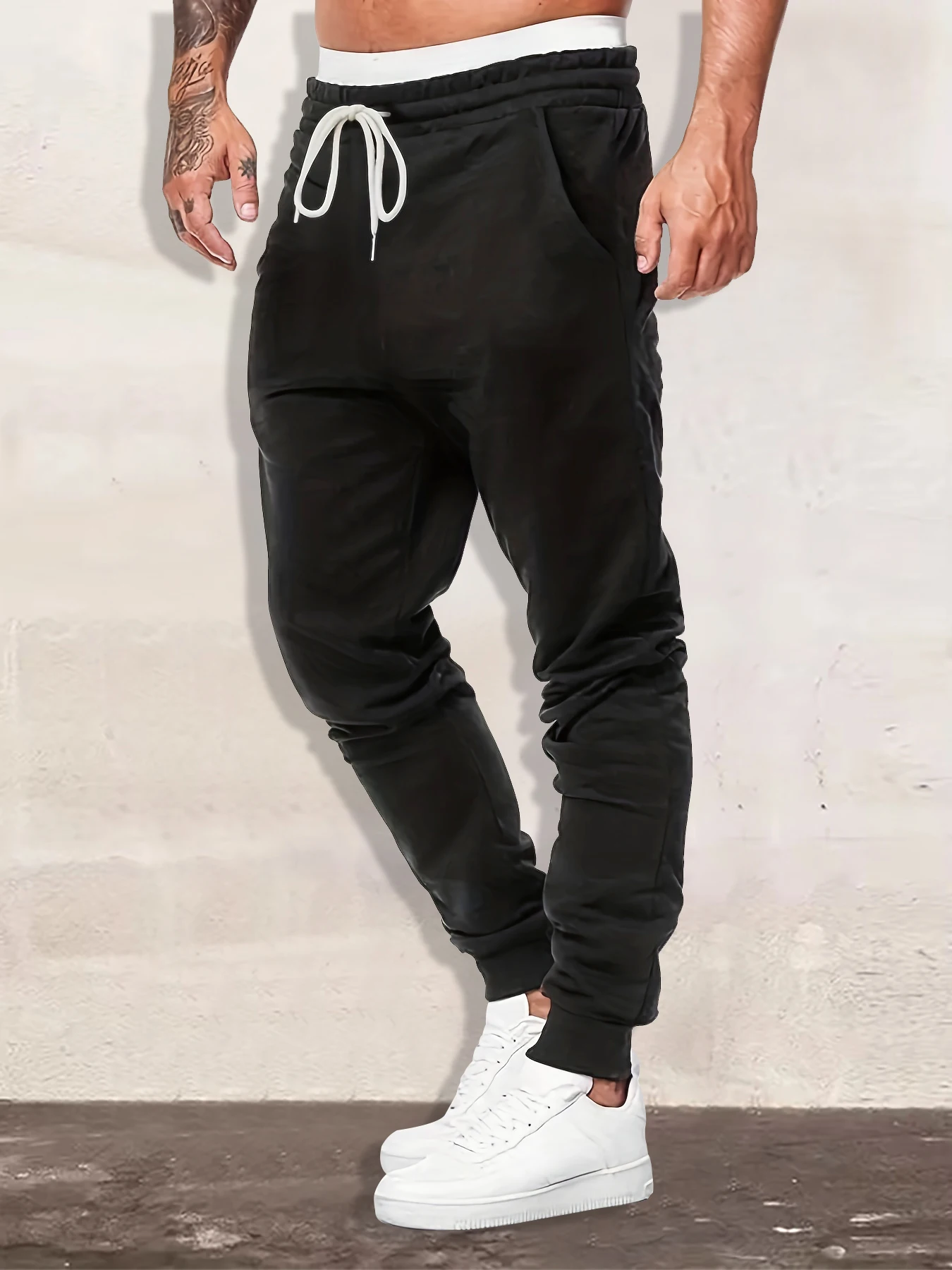 Calças casuais, calças com cordão para homens e mulheres, respiráveis, com bolsos e design simples, calças casuais, cor sólida simples, soltas e confortáveis