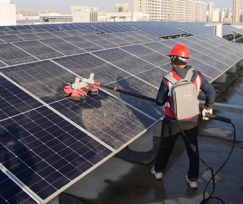 Hydraulic cleaning with telescopic rod Solar panel cleaning brush, rotary scrubber device, solar panel cleaning tool