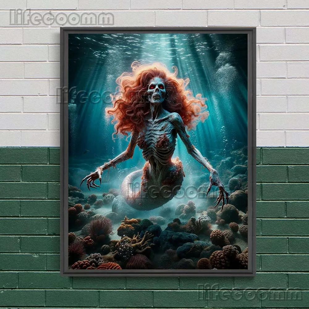 Zombie Mermaid Horror Abstract Wall Art Canvas Painting Creepy Mermaid Skeleton Fantasy Art Poster And Print Home Decor Unframed