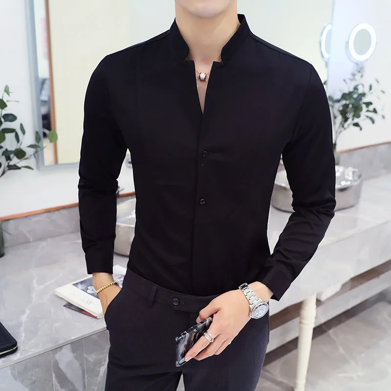 2023 Nightclub Men\'s Work Shirt Solid Color Fashion V-neck White Mens Shirts High-quality Hotel Waiter Slim Shirt Men 4XL 5XL