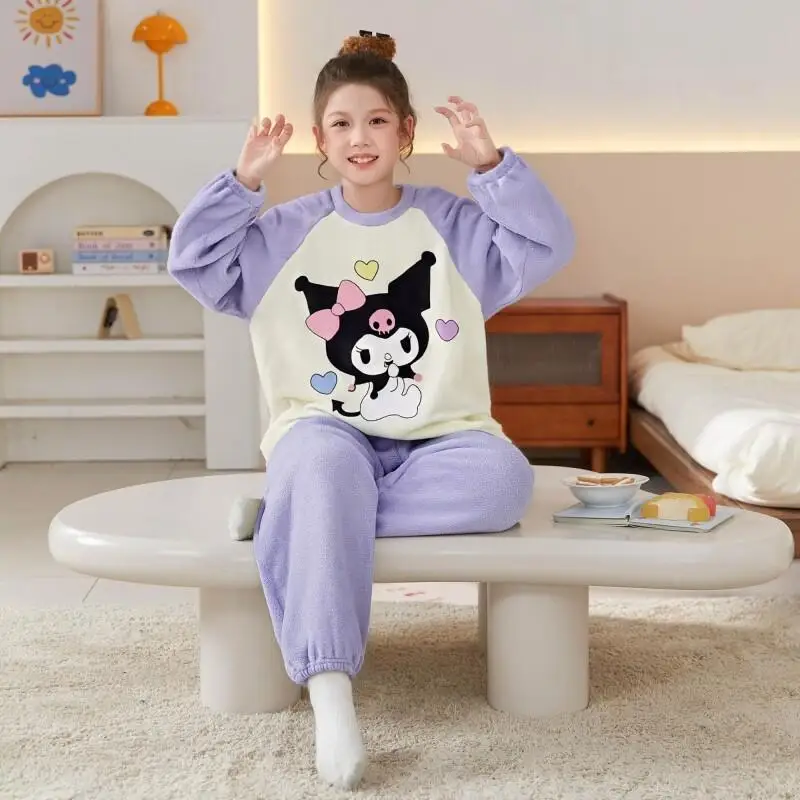 

Sanrio Kuromi Kittys Pajamas Set Autumn Winter Flannel Fleece Warm Cozy Homewear Sleepwear for Girls Kids Big Children Students