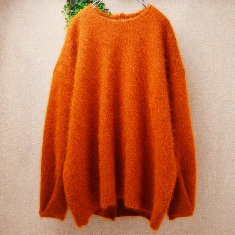 Women Mujer Autumn Winter Fashion Hairy Angora Rabbit Hair Knitted Button Back Split Loose Pullover Sweater Jumper Pull Tops