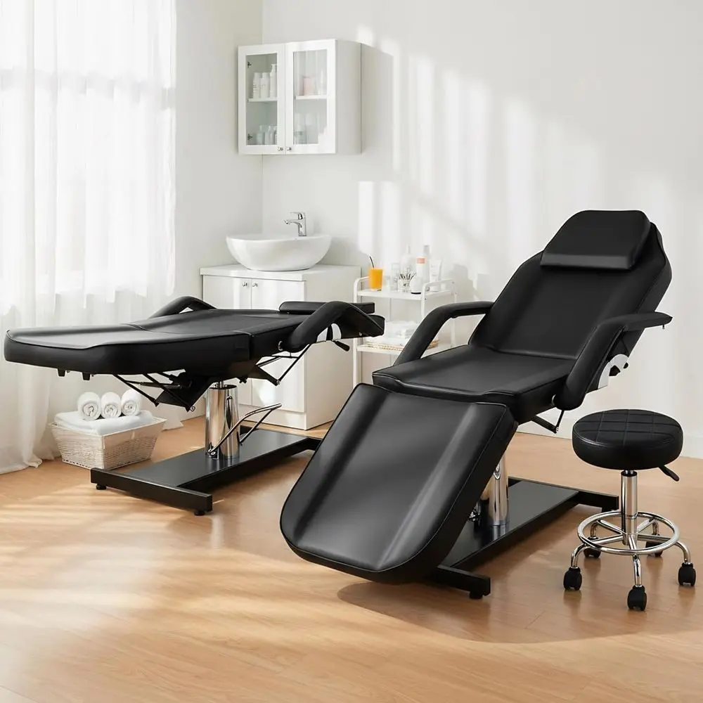 เตียงเสริมสวยไฮดรอลิกปรับระดับได้สำหรับช่างเสริมสวยและต่อขนตา พร้อมเก้าอี้หมุน