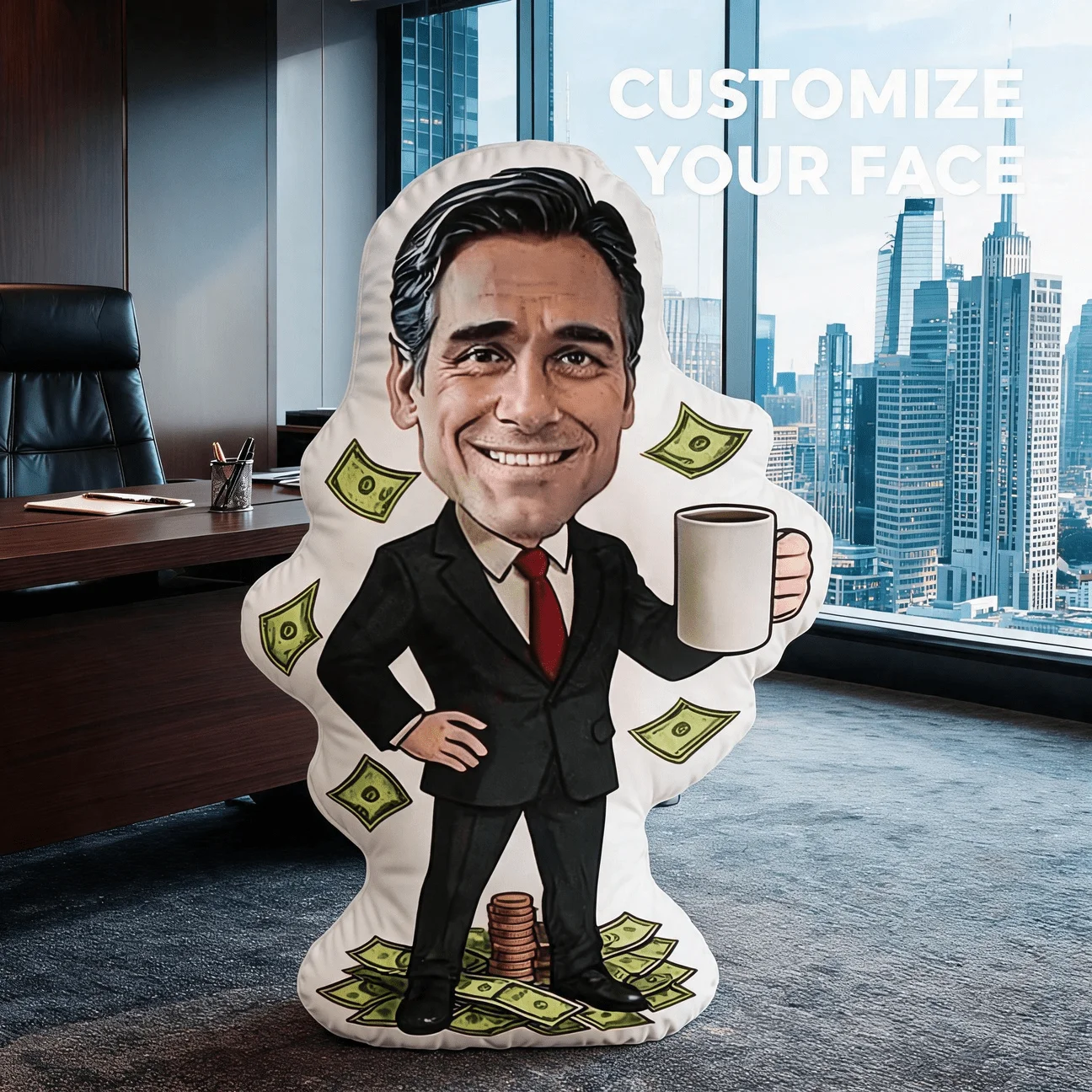 Custom Face Businessman Shaped Pillow, Personalized Photo Suit & Money Decorative Cushion, Funny Office Home Decor Accent for So