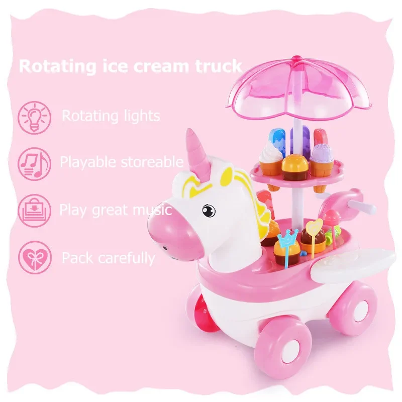 Set di giocattoli per la casa dei giochi per bambini suono e luce cartone animato unicorno gelato vendi camion ragazza simulazione cucina regalo di compleanno per bambini