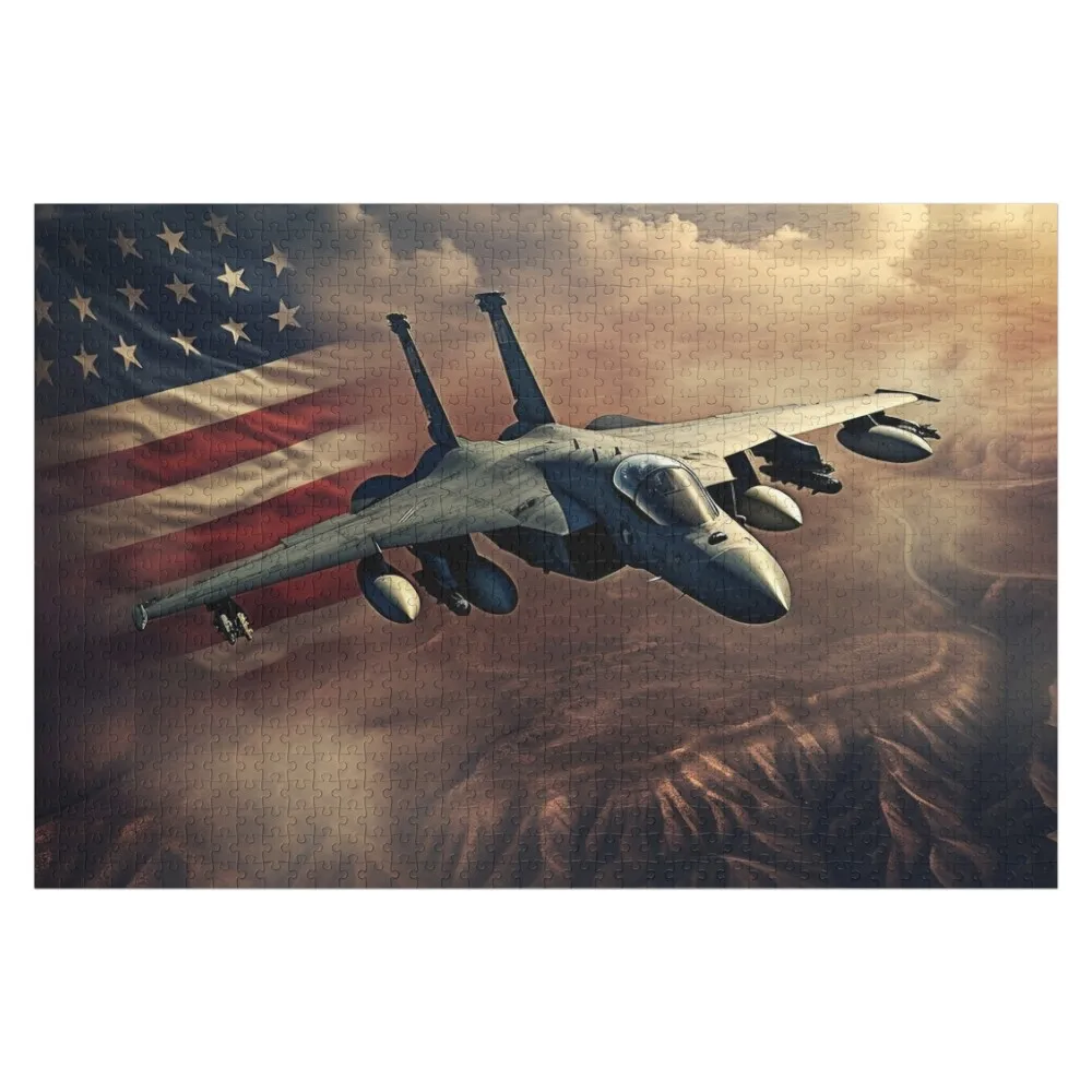 patriotic american flag fighter jet digital print Jigsaw Puzzle Name Wooden Toy Custom Wood Wood Adults Puzzle