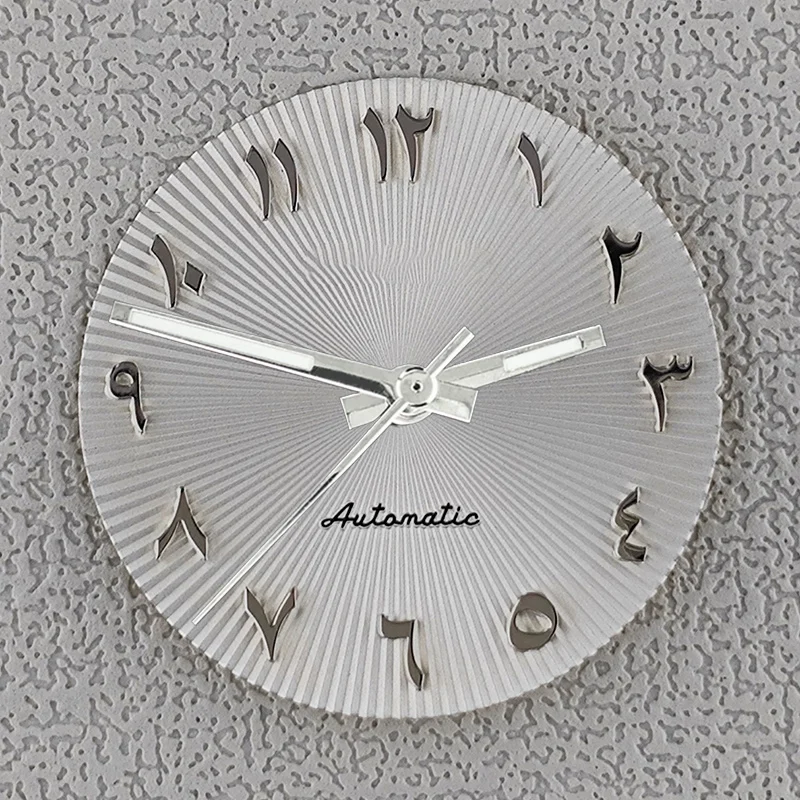 28,5 mm Zifferblatt mit Zeigern, arabischen Ziffern, radiale Textur, passend für NH35 NH36 Zifferblätter, Automatikwerk