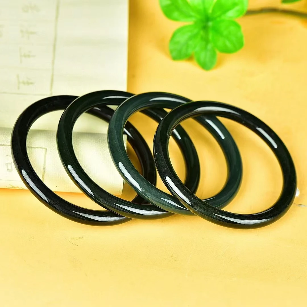 Natural Hetian Jade Bracelets Blackish Green Jade Stone Round Bar Bangle Cute Womens Gemstone Jewellery Charms Amulet Jewelry