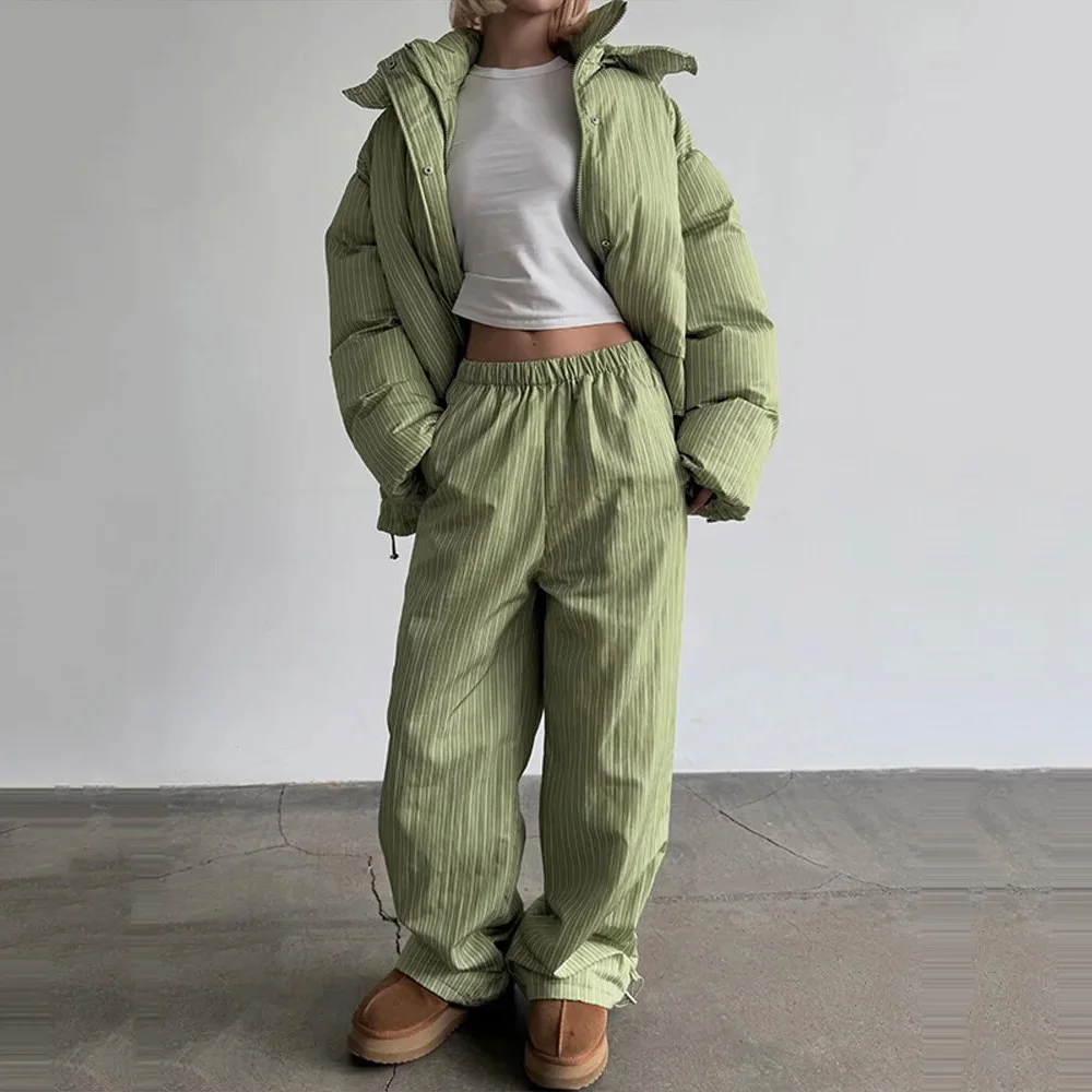 Women's Pants Sets Striped Hooded Long Sleeve Oversized Padded Jackets Lantern Trousers Street Female Panelled Winter Outfit New