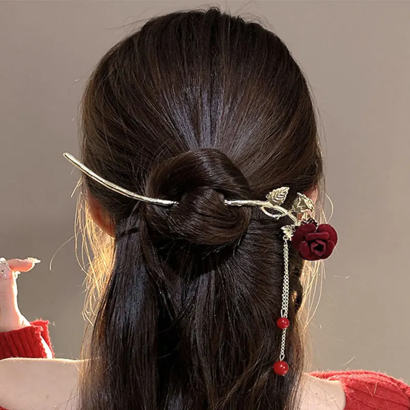 Chinese Red Rose U-shaped Hair Sticks For Women Metal Tassel Ponytail Hairpin New Year Hanfu Hair Accessories