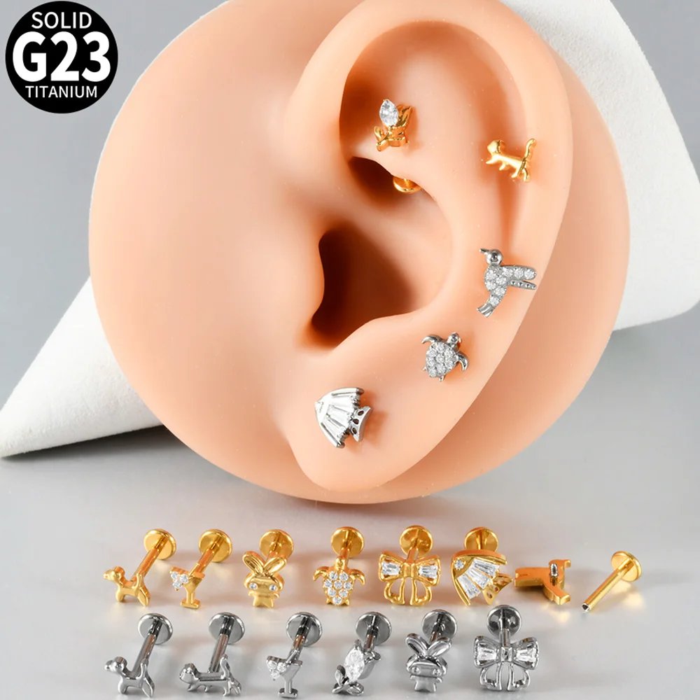 1/2/9PCS Titanium Turtle&Rose Lip Helix Studs Zirconia Labret Cartilage Earrings Stud 16G Internal Thread Ear Tragus Piercing
