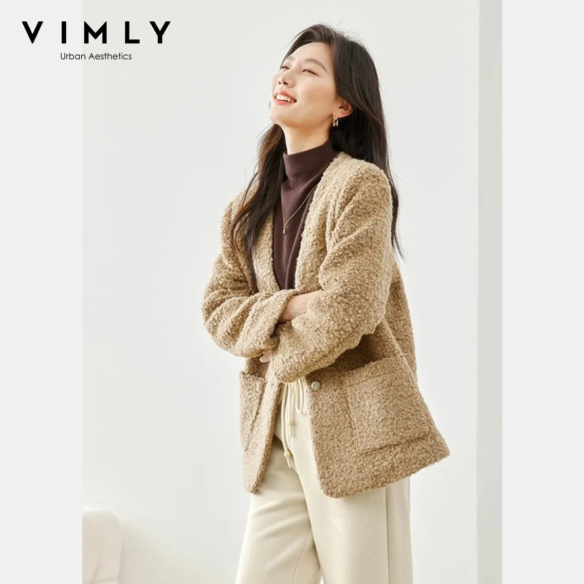 

Vimly Chunky Tweed Jacket for Women 2025 Fall Winter Elegant Style Wool Blend V-Neck Coats Thick Warm Versatile Outerwears M6055