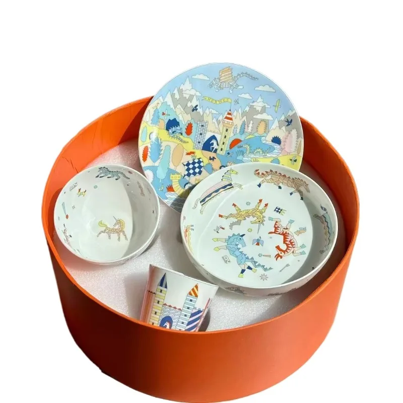 

New Kids Ceramic Gifts Unicorn Castle Amusement Park Series Bone china Bowls and Plates Water Glasses Tableware Set of Four