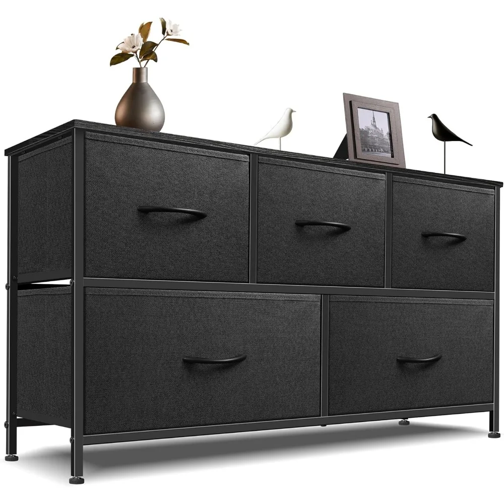 

Dresser for Bedroom with 5 Drawers, Chest of Drawers, Storage Drawers Organizer Unit, Black Wide Fabric Dresser with Fabric Bins