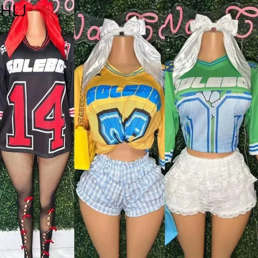 

Sweet Fashion Letter Print Tshirt Two Piece Sets For Women V Neck Short Sleeve Loose Top And Ruffle Shorts Outfit Streetwear