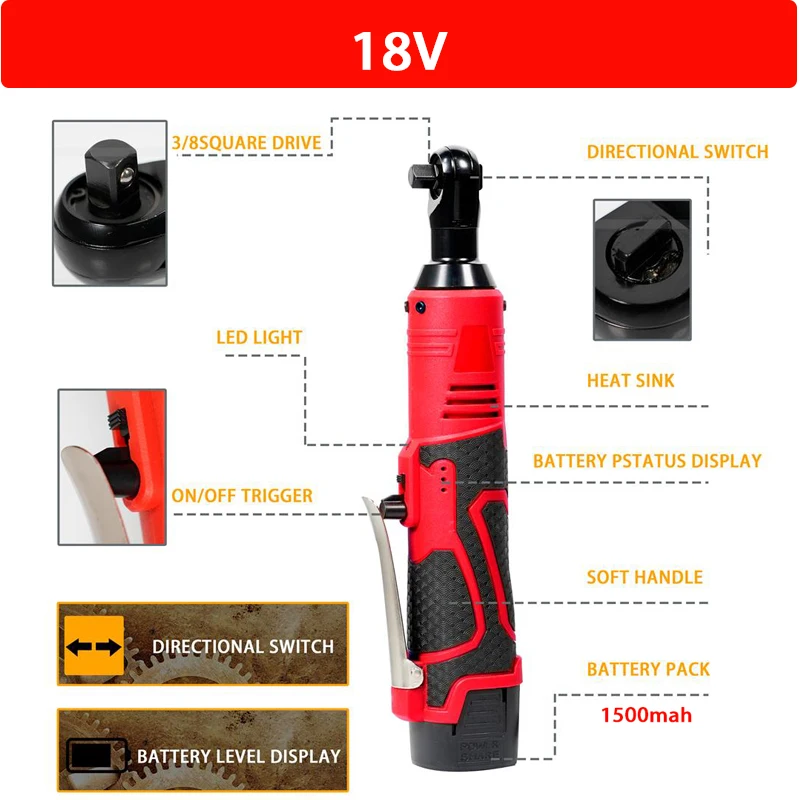 12V/18V Impact Wrench Cordless Rechargeable Electric Wrench 3/8 Inch Right Angle Ratchet Wrenches Impact Driver Power Tool