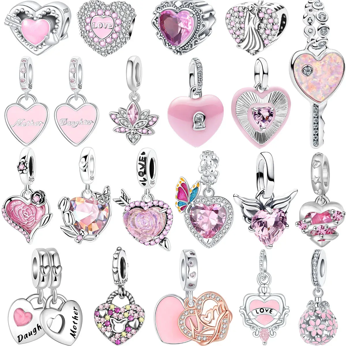 Original 925 Sterling Silver Charms Pink Flower Rose Key Lock Heart Beads Pendants Fit Bracelet Necklace DIY Jewelry Gift