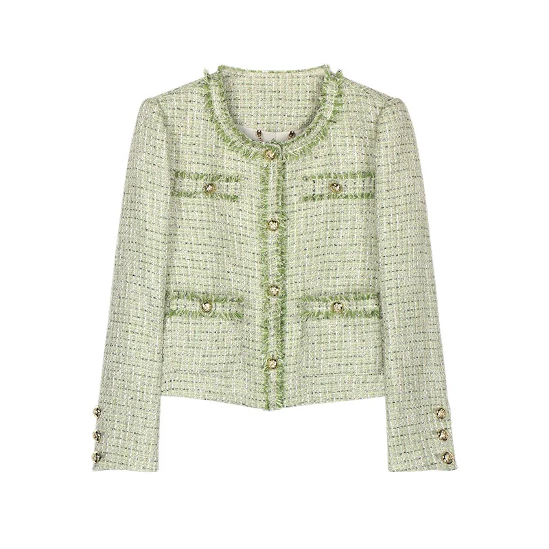 Fashion Light Green Tweed Wool Blend Fresh Short Coat Women Round Neck Tassel Loose Versatile Fragrance French Lady Coat