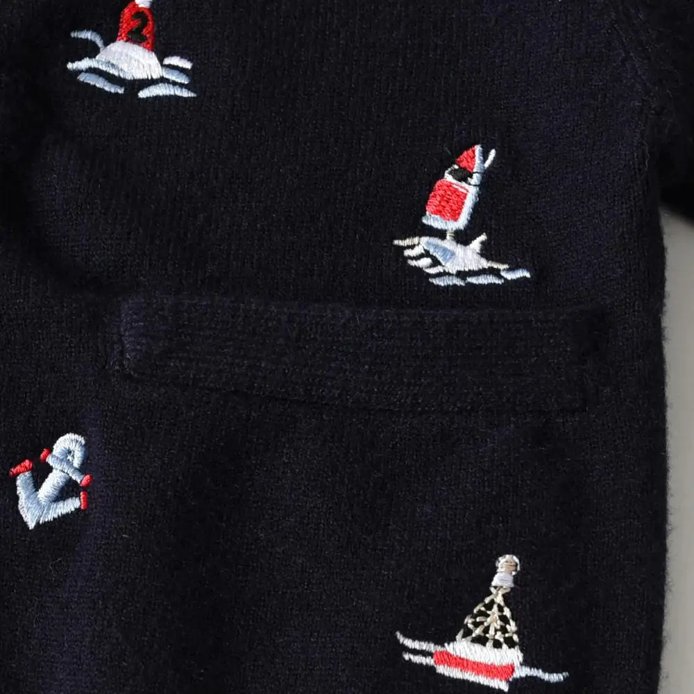 2024 Kids Boy Knit Cardigan for Autumn Winter Children Boys Sailboat Embroidery V-neck Knitted Sweater Infants Warm Knitwear