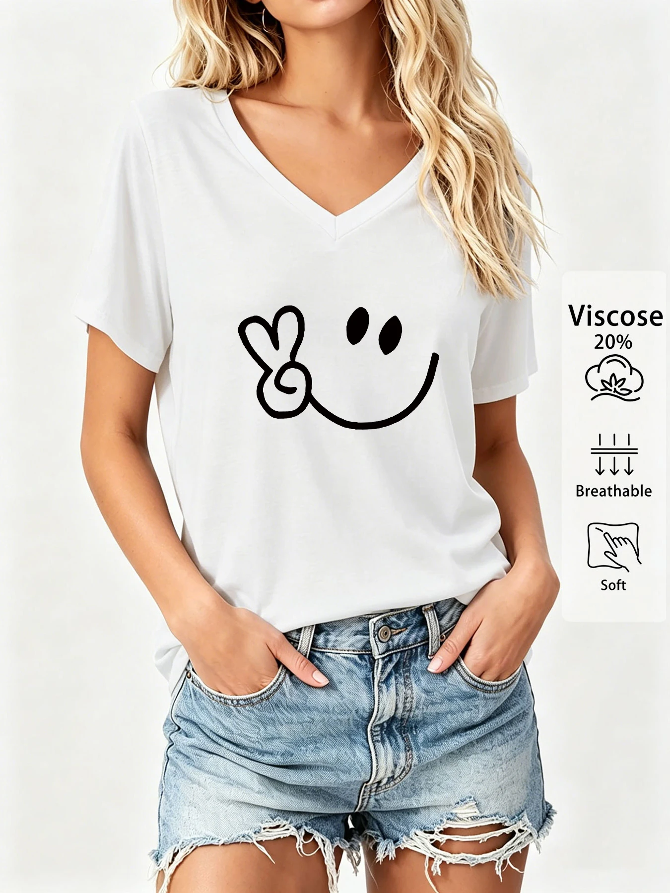 Healing Energy Top, V-Neck Short-Sleeve T-Shirt with Cartoon Smiley Face Print, Soft and Breathable Loose Pullover, Versatile Everyday Top, Summer Commute Outfit, Women's Clothing