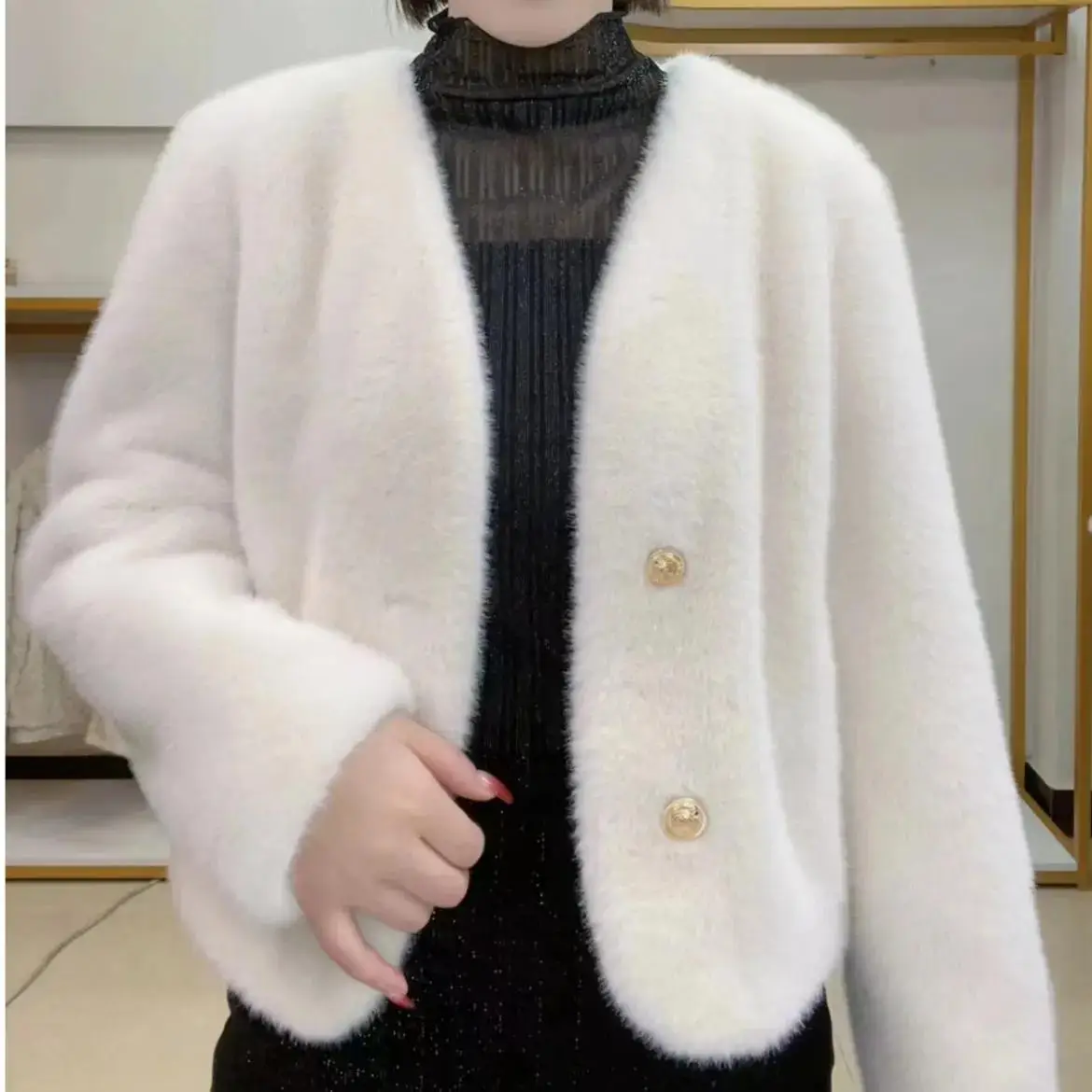 Eco-Friendly Short Fur Jacket Women's V-Neck Padded Coat Winter Warm Plush Outerwear Commute Style Button Splice Design