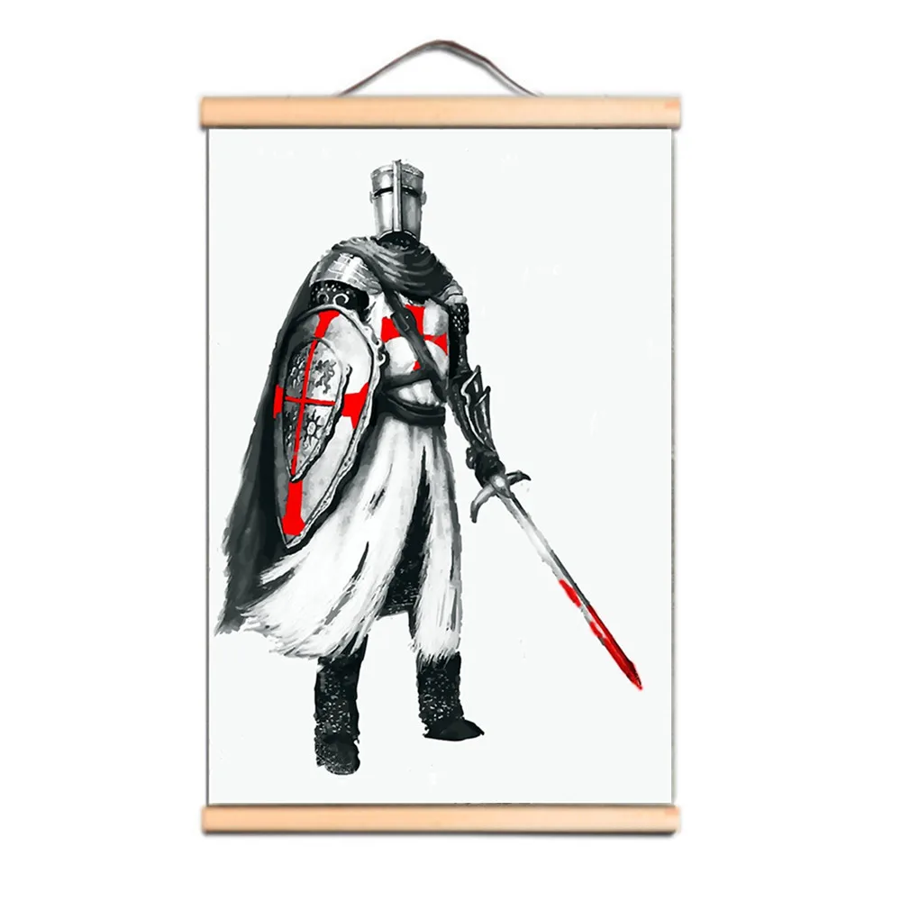 Knights Templar Poster Vintage Solid Wood Scroll Painting Medieval Crusader Warrior Wall Chart Room & Office Wall Decor Mural D4