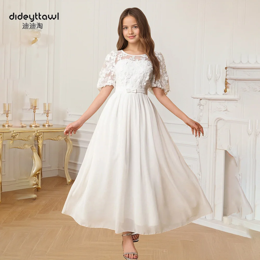 

Dideyttawl индивидуальное элегантное платье с пышными рукавами и иллюзией декольте для девочек, изысканное кружевное шифоновое платье трапециевидной формы ручной работы