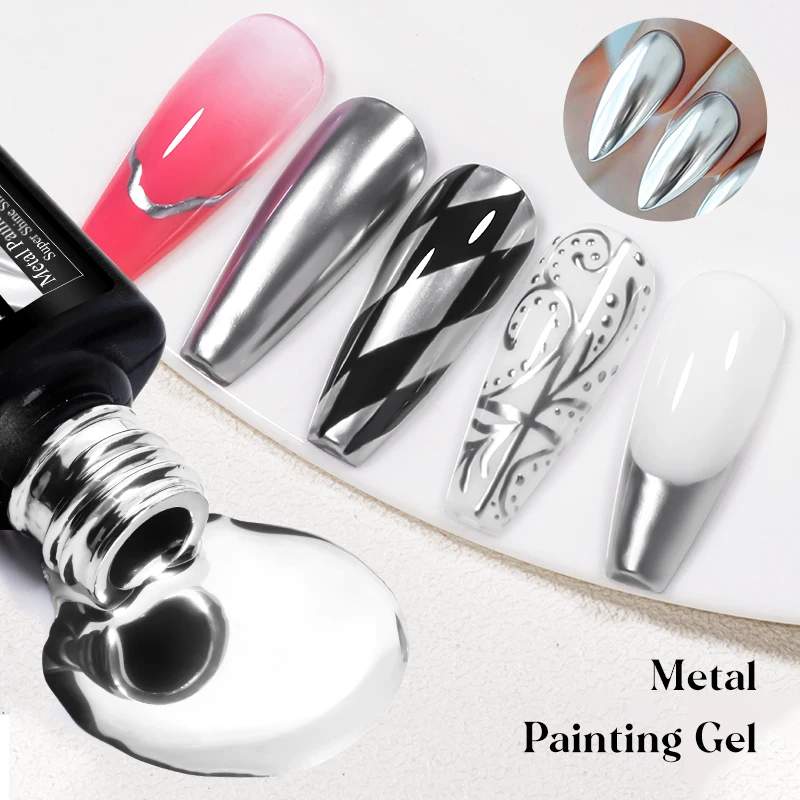 MEET ACROSS Metallic Silver Gel Nail Polish 7ML Semi Permanent UV Super Shine Mirror Chrome Draw Painting Gel Varnish Nail Art