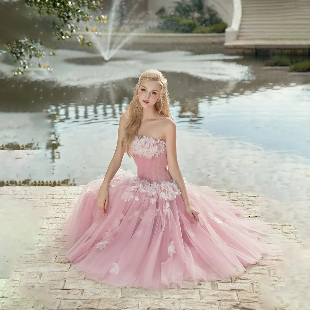 

Pretty Strapless Sleeveless Flower Applique Pricness Dress Gorgeous Prom Party Gown For Women Tulle Ankle Length Evening Dresses