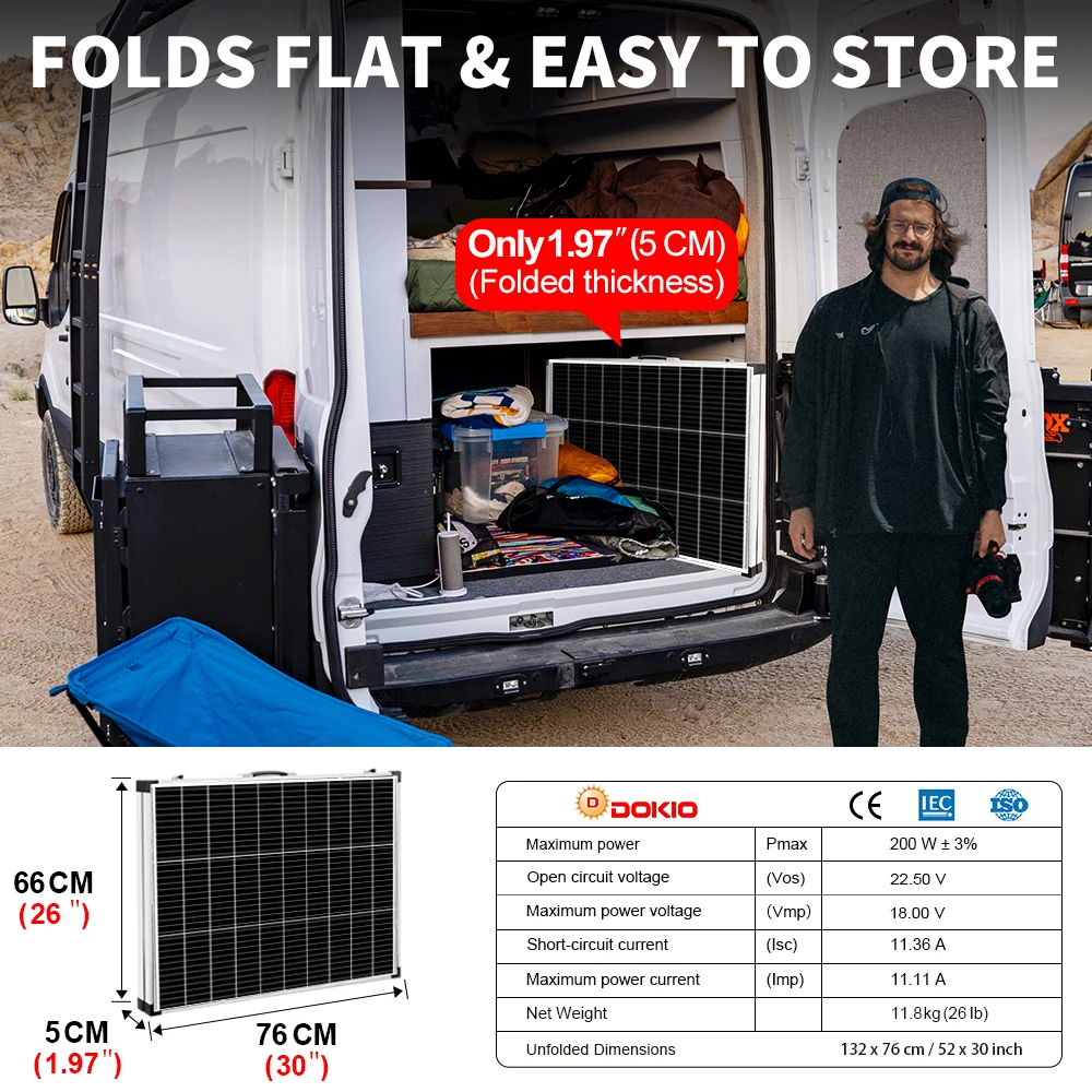 DOKIO 18V 200W Rigi Faltbares Solarpanel +20A 12V Laderegler Faltbare Photovoltaik-Zellenpaneele/System-Ladegerät Komplettset – Detail 2