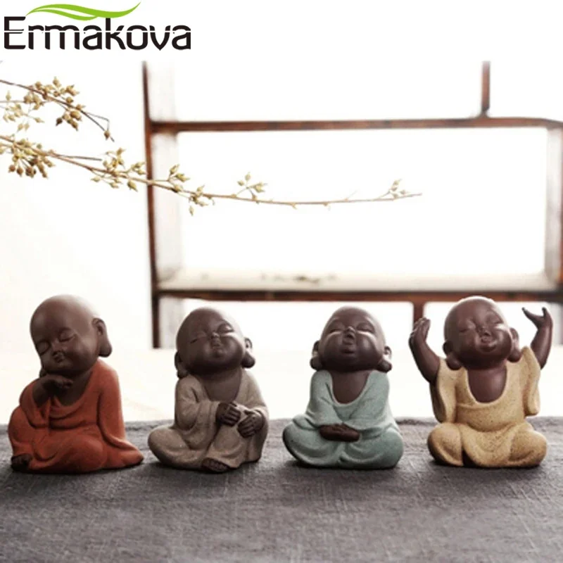 ERMAKOVA 1 Pc Cute Little Monk Figurine Buddha Statue Tea Pet Oriental Culture Ornaments Purple Clay Crafts Gift Home Desk Decor