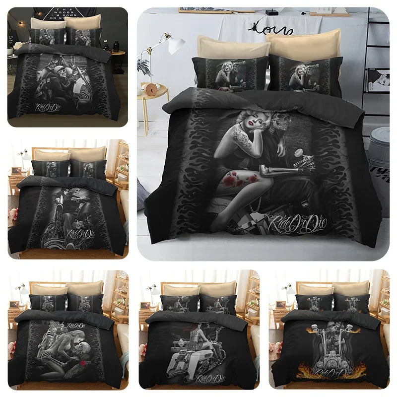 

Human Skeleton Skull 3D Printed Bedding Set Motorcyc and Beauty Duvet Cover Sets Beds Quilt Covers Single Double Queen King Size