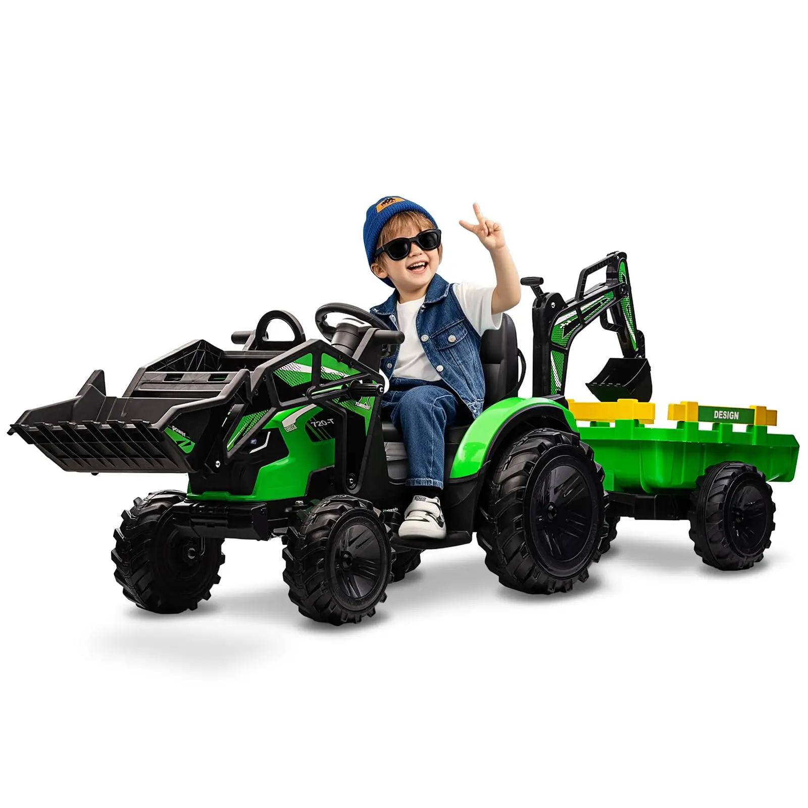 24V Kids Ride On Tractor 4 In 1 Remote Control Excavator With Trailer, Shovel & Digger Buckets, EVA Tires, LED Lights, USB Music