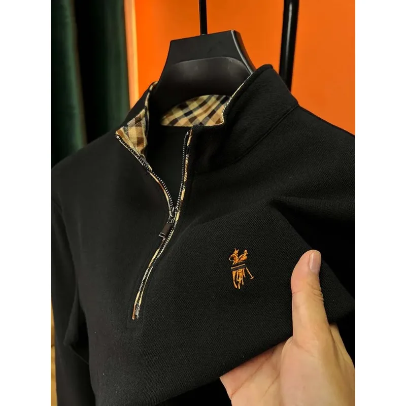 100% Cotton Autumn Men\'s Brand Embroidered Fashion Lapel Polo Shirt Business Long-sleeve Casual Solid Color Zipper Design Top