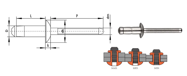 30/50 Stück 6,4 mm strukturelle Blindnieten aus Edelstahl mit hoher Festigkeit – Detail 1