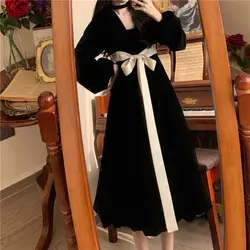 Sweet Stylish Drawstring Bow Dresses Autumn Winter V-Neck Halter Female Clothing Solid Color Elegant A-Line Waist Midi Dress