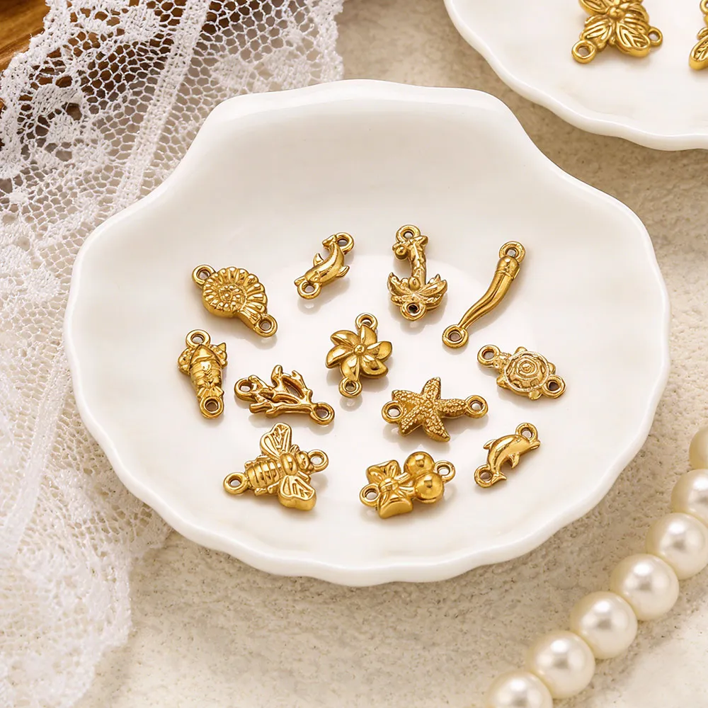 

20pcs Stainless Steel Gold-Plated Starfish Cherry Coconut Tree Charms for DIY Bracelets Braided Cord Jewelry Making Accessories