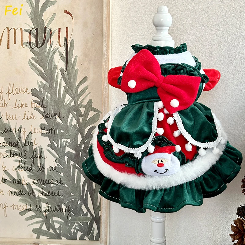 

Puppy Dog Christmas Clothing Autumn Winter Warm Cotton Velvet Bow Princess Dress For Small Medium Dog Schnauzer Pet Dog Clothes