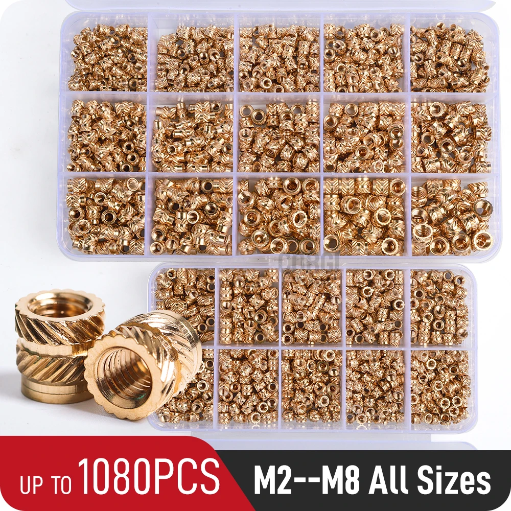 80-1080pcs Female Threaded Brass Insert Nut Assortment Box M2/M2.5/M3/M4/M5/M6/M8 Hot Melt Copper Embedment Nuts Kit Embed Parts